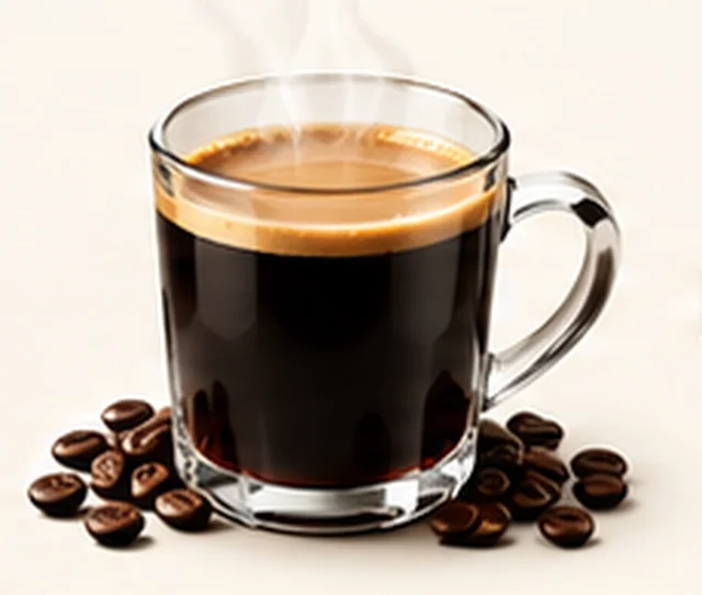 Black coffee in a glass mug with coffee beans