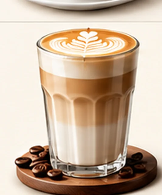 Layered cafe latte in a glass with latte art