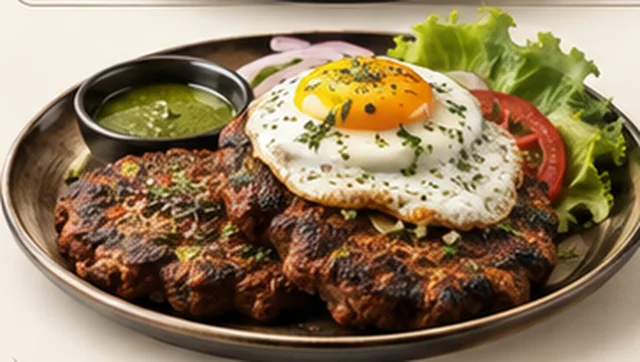Chapli kabab topped with a fried egg