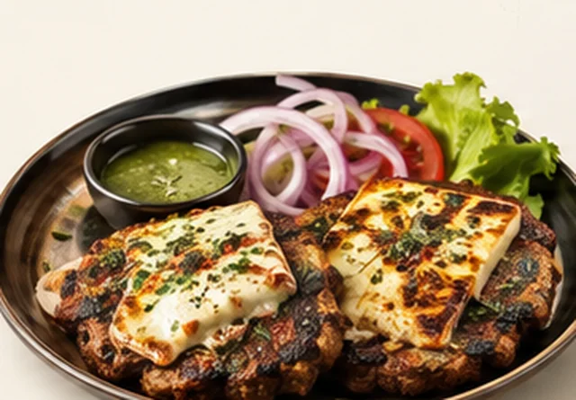 Chapli kabab topped with grilled paneer