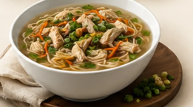 Bowl of chicken chowmein soup with noodles