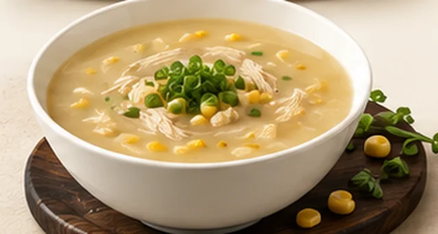 Bowl of chicken corn soup with peas