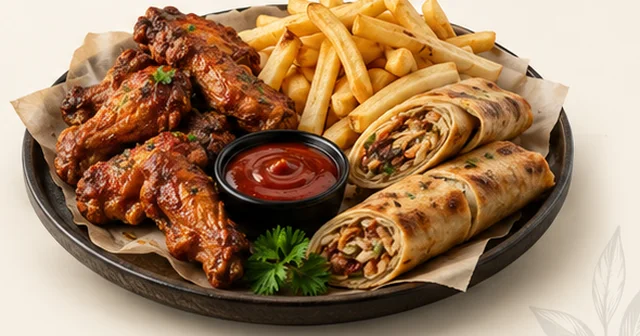 Fastfood platter with wings, fries and rolls