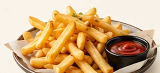 Basket of french fries with ketchup