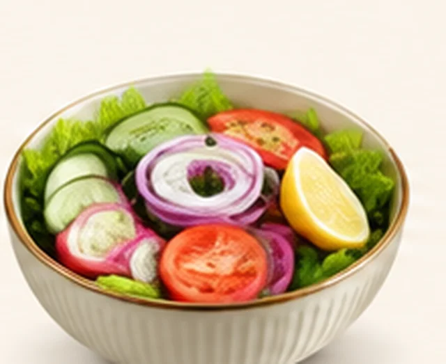 Bowl of fresh salad with cucumber, tomato and onion