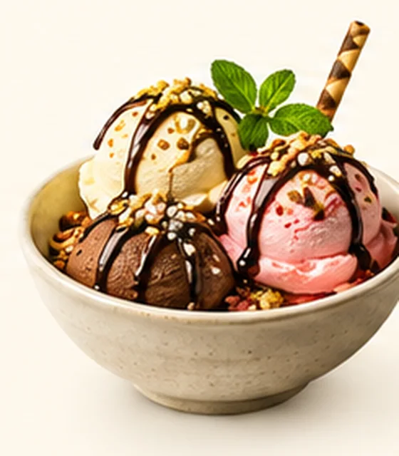 Double scoop of ice cream with chocolate drizzle
