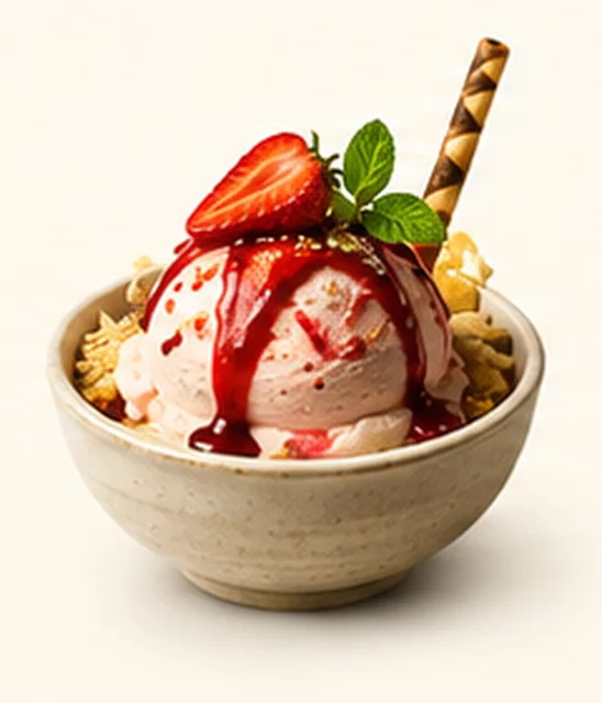 Single scoop of ice cream with strawberry and mint