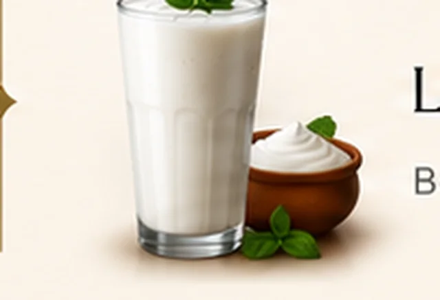 Glass of lassi with a bowl of cream