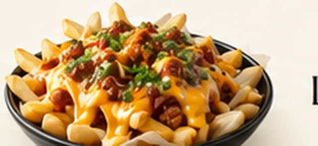 Bowl of loaded fries with cheese and toppings