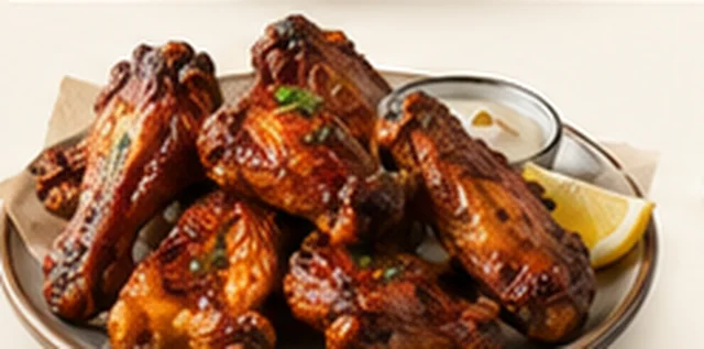 Plate of oven roasted wings with lemon