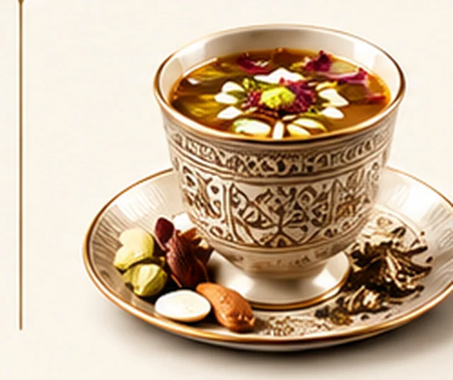 Peshwari kahva in an ornate cup and saucer