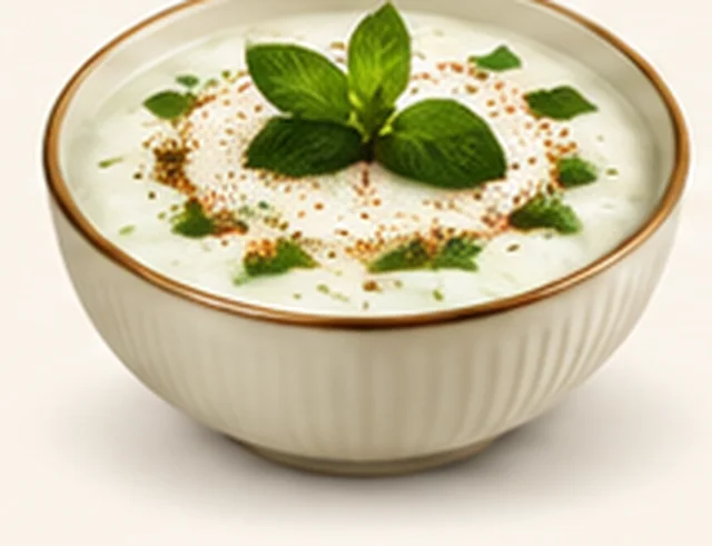 Bowl of raita garnished with mint