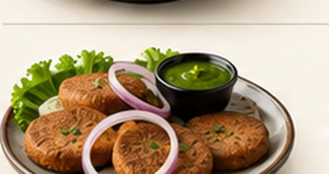 Plate of shami kabab with onions and chutney