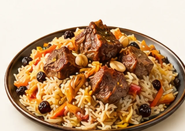 Plate of uzbeki special polao with beef